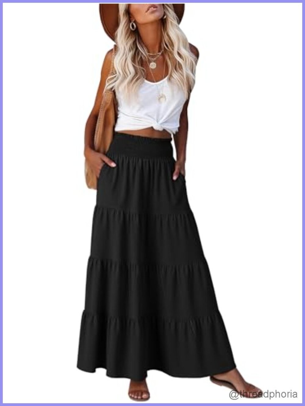 Elastic High Waist A-Line Maxi Skirt, Flowy Boho Skirt, Tiered Long Skirt with